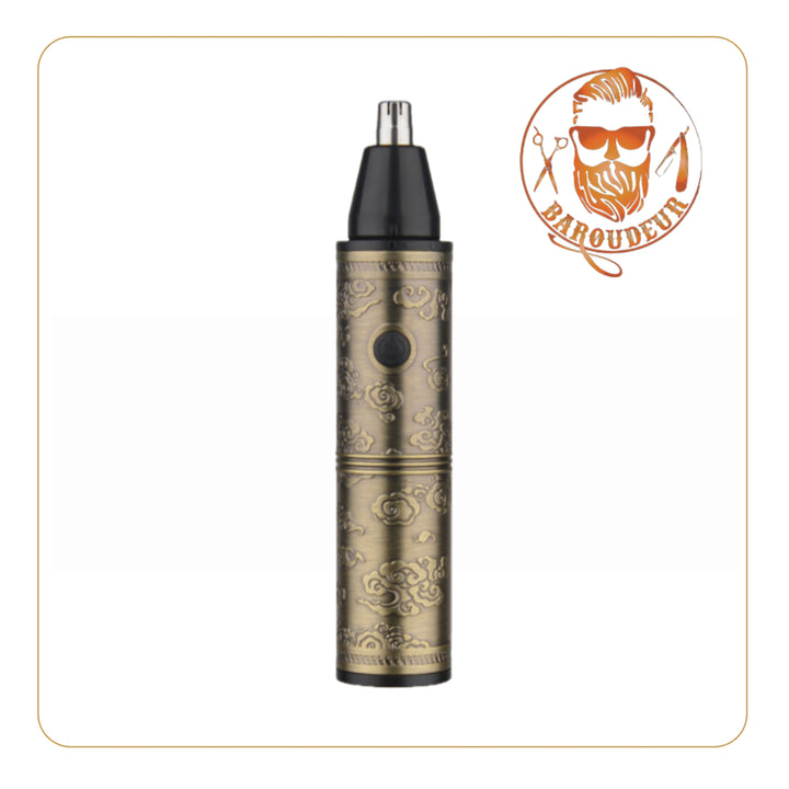 Little Balance Baroudeur nose and ear trimmer (ref. 8900), compact design with engraved vintage style, black precision head, discreet central button, ideal for facial maintenance.
