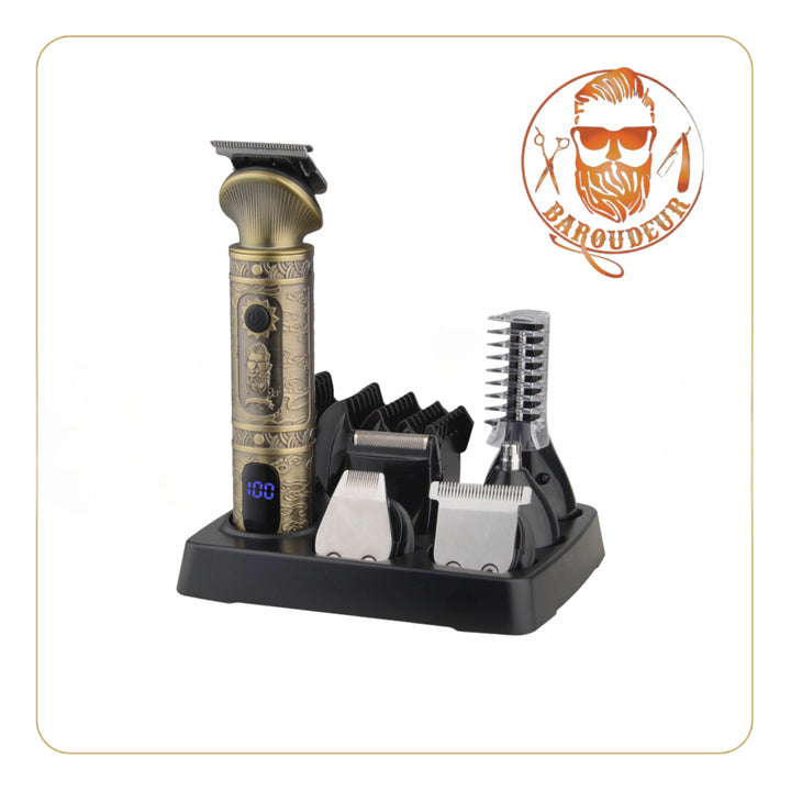 and complete Little Balance Baroudeur clipper with digital display, 1200 mAh Li-ion battery, 6 interchangeable steel heads, storage base, corded or cordless use, USB-C port, 160-minute runtime, engraved vintage design - size 160x42x38 mm.