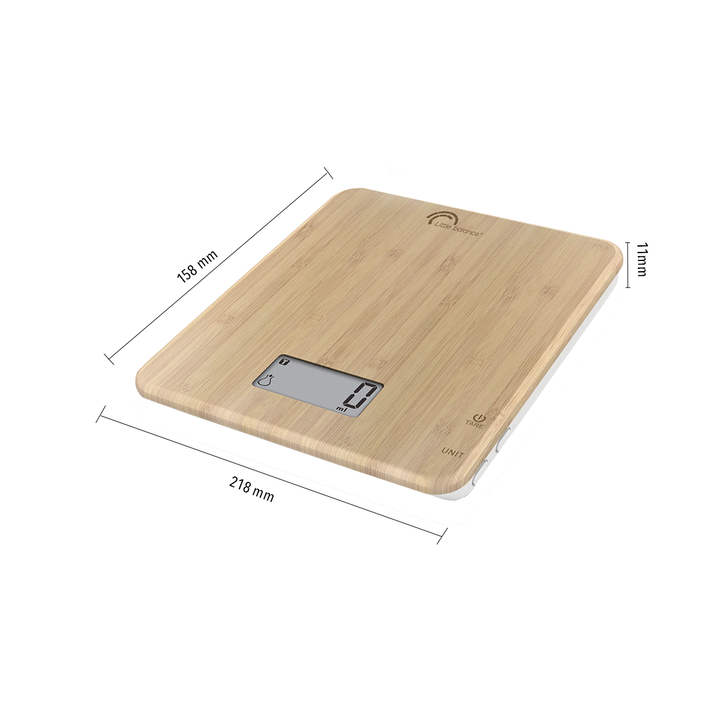 A slim bamboo usb kitchen scale with these dimensions. 11mm high, 218mm wide and 158mm long.