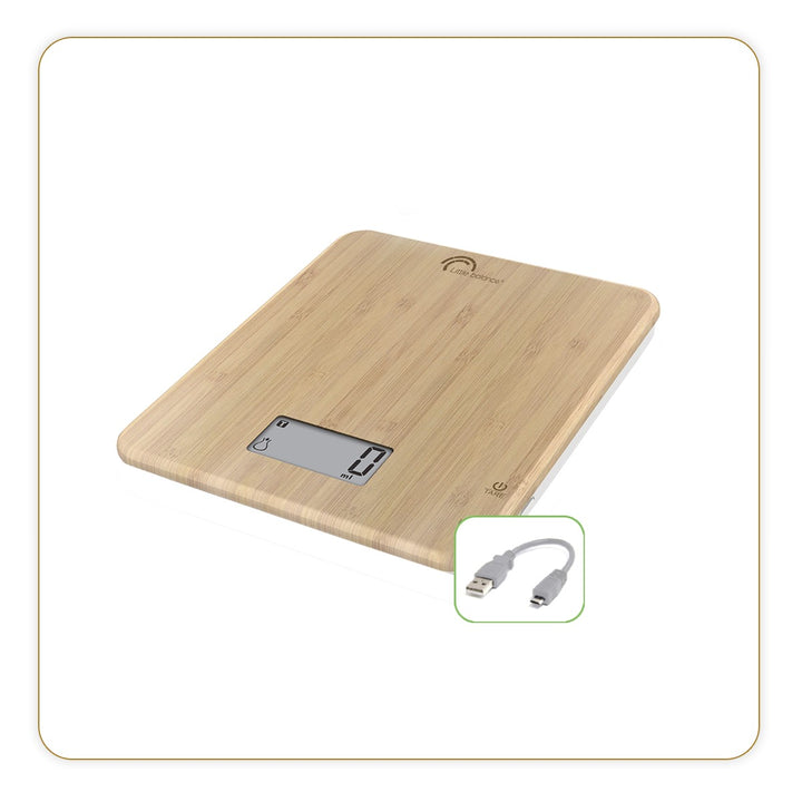 A slim bamboo usb kitchen scale with charger included.