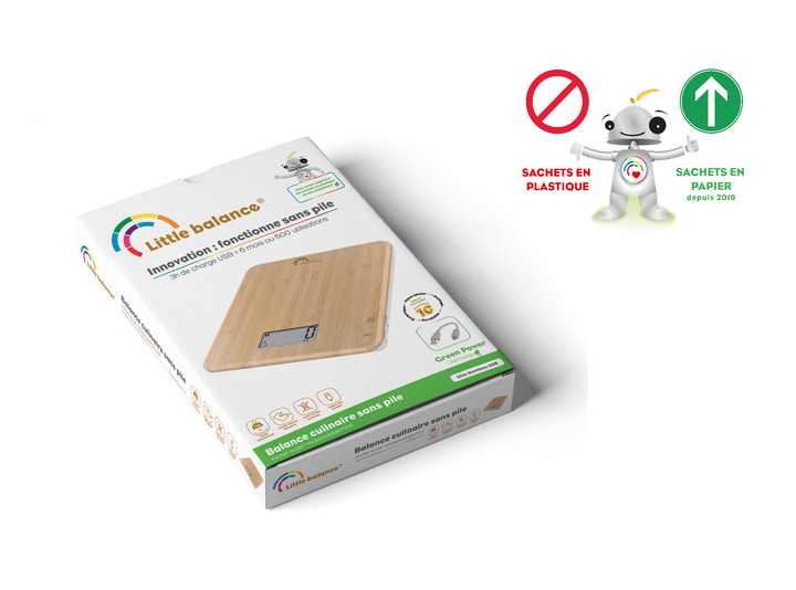 Packaging for a slim bamboo usb kitchen scale.